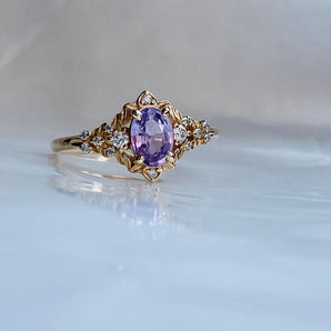 lavender sapphire and diamond ring gold, whimsical engagement ring, fantasy fairy ring
