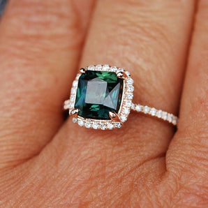 Square Blue Green Sapphire Halo Ring