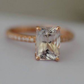 White Sparkling Sapphire Emerald Cut Engagement Ring Diamond Pave Setting