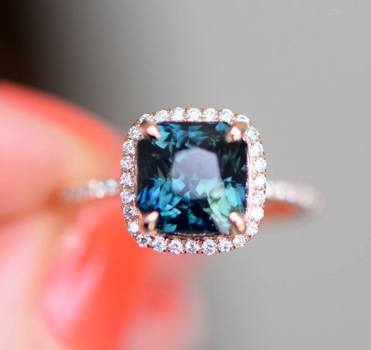 Square Peacock Sapphire Diamond Halo Pave Engagement Ring