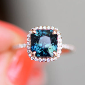 Square Peacock Sapphire Halo Ring