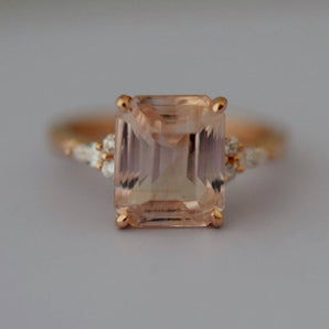peach sapphire ring, emerald cut, side diamonds, rose gold
