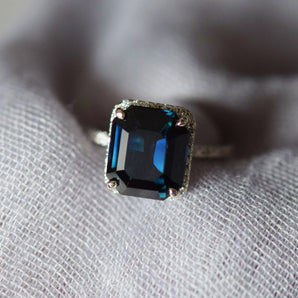 Emerald Cut Blue Green Sapphire Halo Ring
