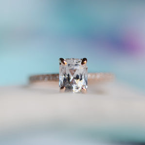 Ice White Sapphire Radiant Cut Blake Engagement Ring Diamond Pave Setting