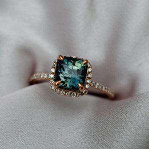 Square Teal Sapphire Halo Ring