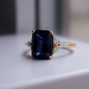 Blue Green Sapphire Trillium Ring