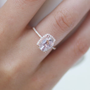 cushion natural pink sapphire ring, diamond halo, rose gold engagement ring