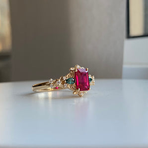 Arwen Emerald Ruby engagement ring