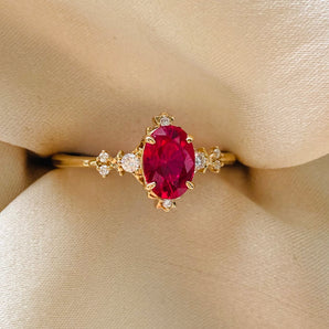 Elvira Ruby Ring, 14k yellow gold, diamonds