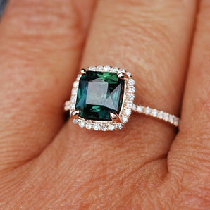 Square Blue Green Sapphire Halo Ring