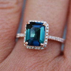Emerald Cut Peacock Sapphire Halo Ring