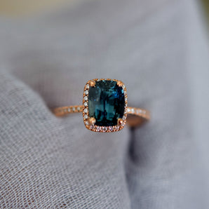Cushion Teal Sapphire Halo Ring