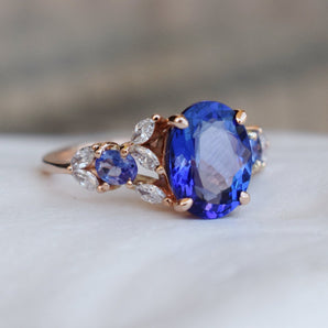 Bespoke Tanzanite and diamond engagement ring in 14k Rose Gold. 10 year anniversary gift. Cluster ring. Blue tanzanite Ring. Ready to ship