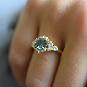 Lara Unique Teal sapphire engagement ring, 14k gold, diamonds